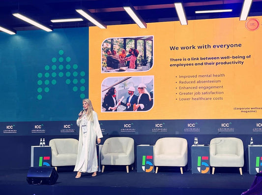 Cayte Fatma Mocadam, founder of Tashafi and CMDC UAE, launching the Business Clinic focused on mental health and workplace performance.