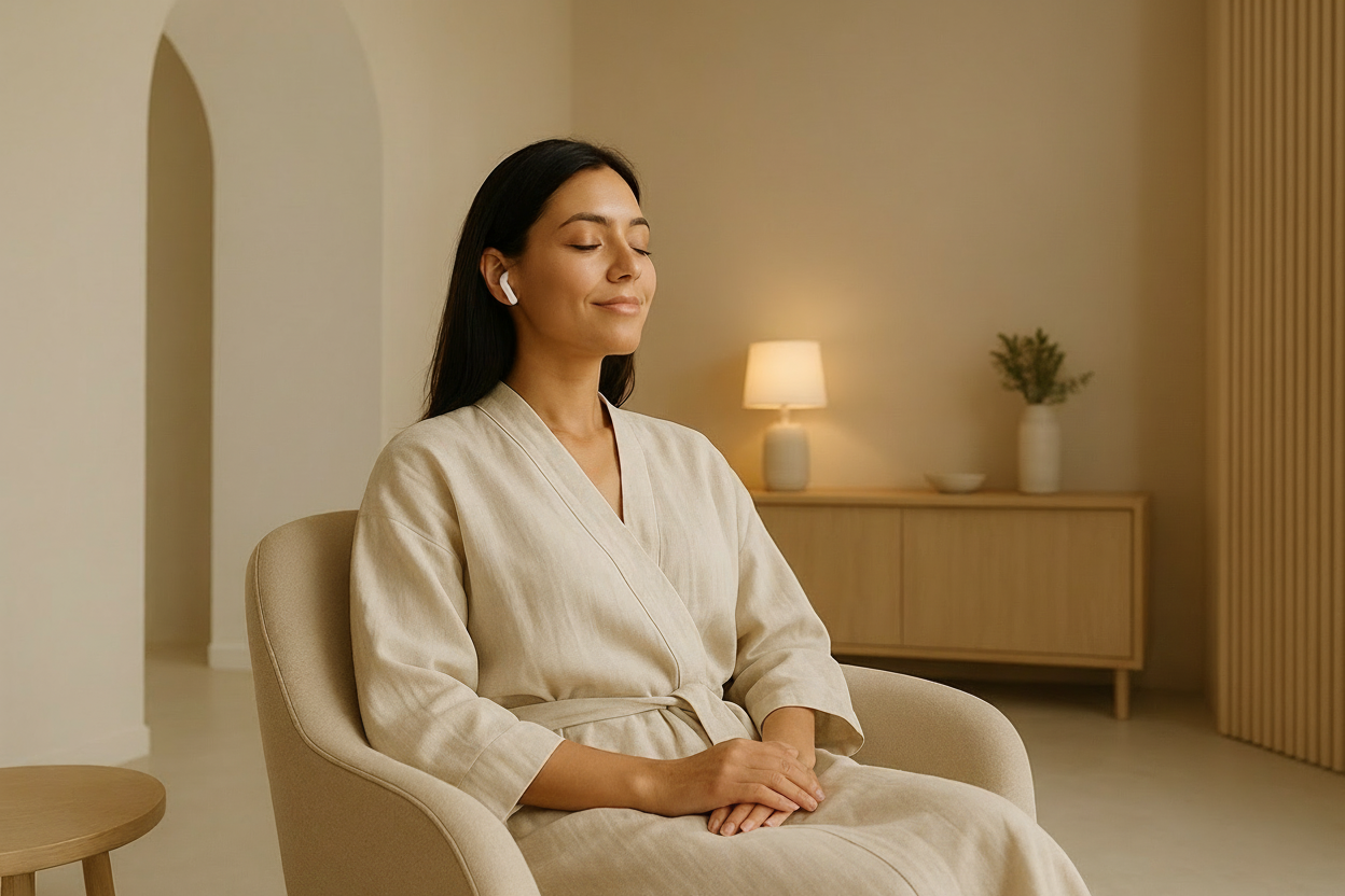 Woman in a beige robe sitting in a calm room with minimal decor.